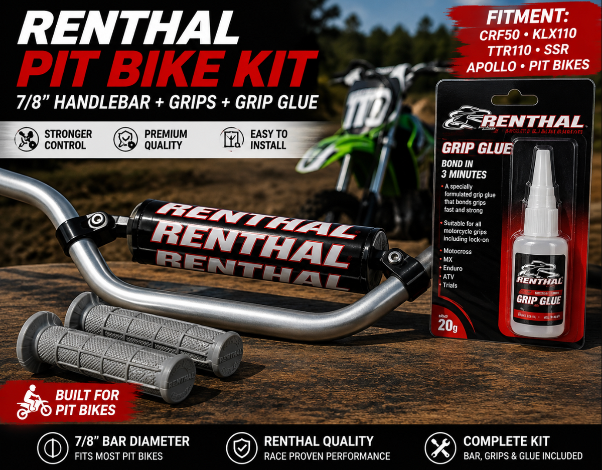 Renthal 7/8 Silver Pit Bike Handlebar Grips Glue Kit CRF50 KLX110 TTR1100